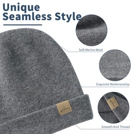 Hysnan Merino Wool Beanies Winter Hats for Women Men Knit Slouchy Double Layer Warm Cuffed Skull Beanie Skiing Skating Grey