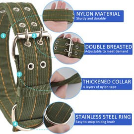 Military Tactical Dog Collar, 1.5'' Wide D Ring & Buckle, Adjustable 2-Row Green Nylon Collar