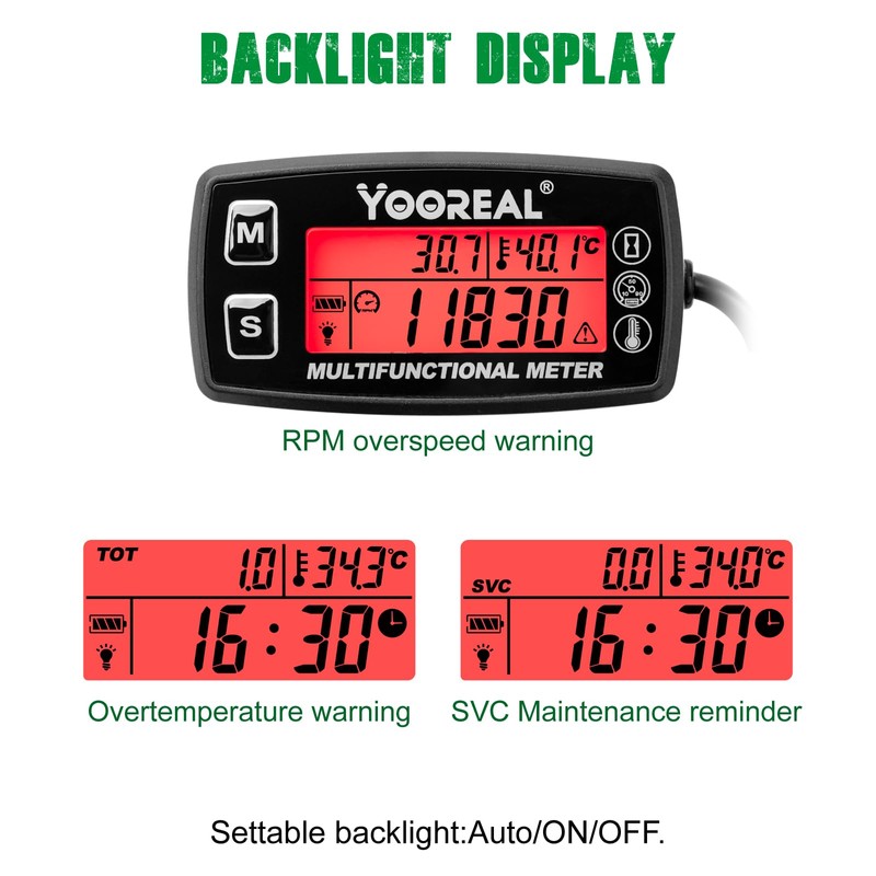 Yooreal Digital Tachometer Hour Meter,Engine Water Oil Temperature Gauge,Alert RPM