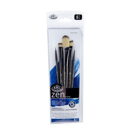 Royal & Langnickel, Zen Series 93, Set of 5 Brushes, Standard Handle, Synthetic Filament, Oval Wash 3/4, Angular 1/2, Angular Liner 1/8, Liner 10/0, Chisel Blender 10, RZEN-SET932