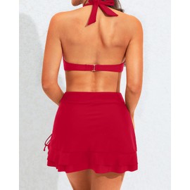 Yonique Bikini de cintura alta con falda para mujer, traje de baño de dos piezas con control de abdomen, Rojo -, Small