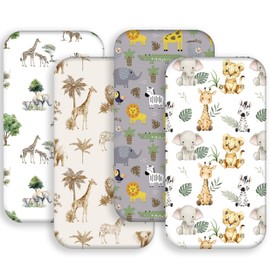 4 Pack Safari Jungle Animals Neutral Unisex Fitted Nursery Baby Sheets Set Toddler Mattress Sheets for Baby Boys or Girls (Bassinet Sheets)