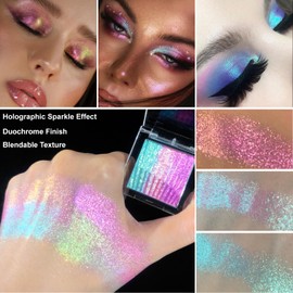 Afflano Chameleon Eyeshadow Half Magic, Multichrome Duo Chrome Eyeshadow Palette Color Shift, Holographic Sparkle Blue-Pink-Purple Rainbow Glitter Eyes Shadow Makeup, Iridescent Face Highlighter, #02