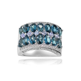 Ice Gems Sterling Silver Genuine Tanzanite, London Blue and White Topaz 2-Row Ring