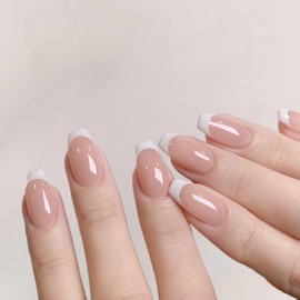 Miloilo Press On Nails Short - White French Tip Press On Nails Coffin, Natural Fake Nail with Glue, Reusable Stick on Nails in 12 Sizes - 24 Nail Kit, Classic French