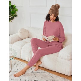 Ekouaer Womens Fuzzy Fleece Pajama Sets Long Sleeve Jogger Sets Comfy Sleepwear Loungewear with Pockets,XX-Large,Pale Violet Red