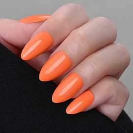 Stbisen Orange Press on Nails Almond, Fashion Solid Short Fake Nails Kit, Glossy Gel Finish Acrylic Press On Nails, Natural Glue On Nails, Reusable Stick On Fake Nails for Women, 15 Sizes 30Pcs