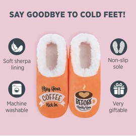 Snoozies Pairables Sherpa-lined Slipper Socks - Fuzzy and Cute Slippers for Women with Non-Slip Sole - Ladies Warm Slippers - Coffee Kick - Medium