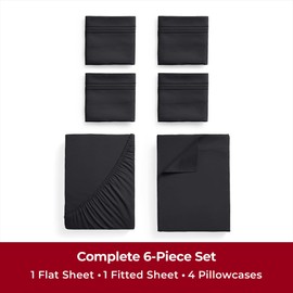 Mellanni Full Sheet Set - 6-Piece Iconic Collection Bedding, (Including 4 Pillowcases), 16-Inch Deep Pocket, Easy Care, Extra Soft, Cooling Sheets, Brushed Microfiber - Black