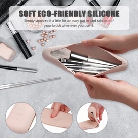 Silicon Make Up Brushes Holder - Portable Travel Makeup Brush Case Organizer, Cosmetic Brush Covers Traveling, WaterProof Makeup Brush Pouch Bag (Beige)