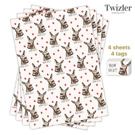 Twizler Happy Birthday Wrapping Paper for Men or Women - Donkey How Old - 4 Sheets & 4 Tags - 70cm x 50cm Folded Sheets - Funny Gift Wrap