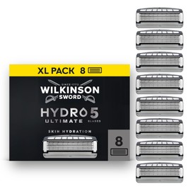 Wilkinson Sword Hydro 5 Ultimate Razors Blade for Men, Refill Pack, Hyaluronic Acid, Carbon Coated Blades, 8 Razor Refills, XL Pack