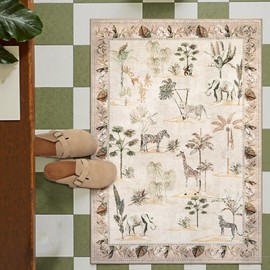 Jinchan - Alfombras de selva beige de 2 x 3 pulgadas para entrada, lavables, alfombras de cocina con estampado de animales, felpudo interior ultrafino, de pelo bajo, antideslizante, suave alfombra