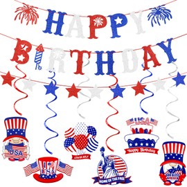 4th of July Patriotic Happy Birthday Banner, Red White Blue Independence Day Birthday Party Decorations,Fourth of July Patriotic Birthday Party Decorations