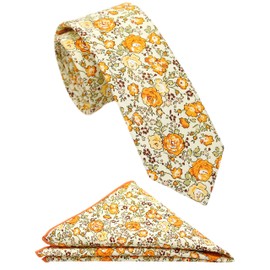 ZENXUS Mens Cotton Skinny Orange Floral Beige Tie Combo Set with Pocket Square