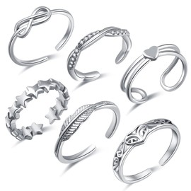 Toe Rings for Women 925 Sterling Silver Celtic Toe Ring Set Joint Ring for Women Girls Adjustable Lotus Toe Rings Tail Finger Flower Rings Set 6Pcs Beach Foot Ring Jewelry (Silver02)