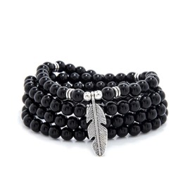 Feather Charm Zen Mala Beads Yoga Inspirational Necklace 108 Durable Self Discovery Mala Meditation Prayer Beads Wrap Bracelet (Black Agate)