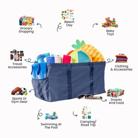 Lucazzi Extra Large Utility Tote Bag - Oversized Collapsible Reusable Wire Frame Rectangular Canvas Basket With Two Exterior Pockets For Beach, Pool, Laundry, Car Trunk, Storage - Navy Blue