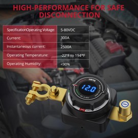 BINTA Battery Disconnect Switch with Voltmeter, 300A 5-80V DC Master Isolator Kill Switch - Power On/Off Cut/Shut Off Switch for Marine Boat RV Car Truck Camper Trailer