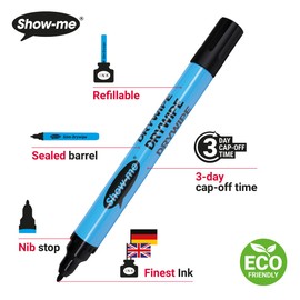 Show-Me Whiteboard Pens, Marker Pens For Whiteboard, Long-Lasting Whiteboard Markers With Easy-Fit Lids, Comfortable & Safe Dry Wipe Markers With Anti-Splay Nibs - Fine, Black, 10PK