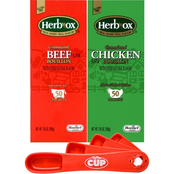 Herb-Ox Granulated Chicken and Beef Flavor Bouillon, 50 Count Box (Pack of 2) with By The Cup Swivel Spoons