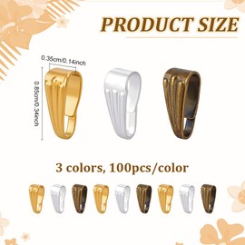 CRAFTYMELODY 300Pcs 3 Colors Iron Snap on Bails Pendant Clasp Pinch Bails Pendant Hook Dangle Charms Chain Connector Findings for Neckalce Bracelets Jewelry Making DIY Craft Accessories