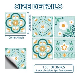 CHGCRAFT 36pcs 4 Styles Blue Flower Geometric Figure Tile Stickers Waterproof Tile Stickers Square with Flower Pattern for Kitchen Bathroom Bedroom Wall Floor Decoration, Aquamarine, 3.9×3.9inch