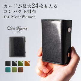 Dom Teporna Men's Mini Wallet, Large Capacity, 24 Cards, Bi-fold Wallet, Genuine Leather, Italian Leather, Box-shaped Coin Purse, Compact, Matte Black (No Glossy)