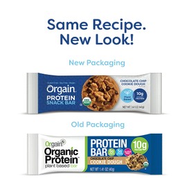 Orgain Organic Plant Based Protein Bar, Chocolate Chip Cookie Dough - Vegan, Gluten Free, Non Dairy, Soy Free, Lactose Free, Kosher, Non-GMO, 1.41 Ounce, 12 Count (Packaging May Vary)