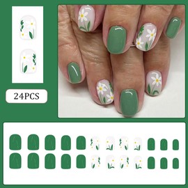 RUPOFUZA Press on Nails Square Short Fake Nails Green False Nails with Lovely White Flowers Design Nails Full Cover Stick on Nails Acrylic Artificial Nails Extra Short Glue on Nails for Women 24Pcs