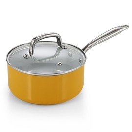 Cook N Home Nonstick Sauce Pan with Glass Lid, 3-Quart Small Saucepan Hard Anodized Non Stick Ceramic Cookware, Induction Cooking Pots and Pans with Stay-Cool Handles, Cacerola, Yellow