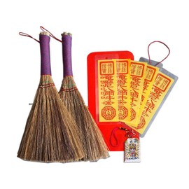 Taoist Fulu Talismans Lucky Charm Set: Dharma, Taoist Mantra, Positive Energy Amulet for Protection, Feng Shui, Exorcise Evil. Empowering; Ward Off Evil Spirits(2 Broom + 5 Talisman + Amulet)