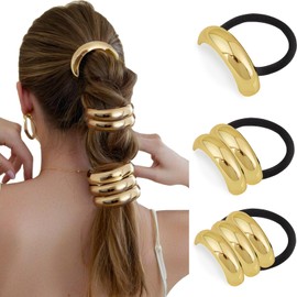 Wugbc 3 Pcs Gold Hair Accessories for Women, Gold Ponytail Cuffs for Thin Hair, Metal Geometric Elastic Hair Ties Stretchy & Non-Damage, Elegant Hair Accessories Ponytail Cuff Set Festival Present