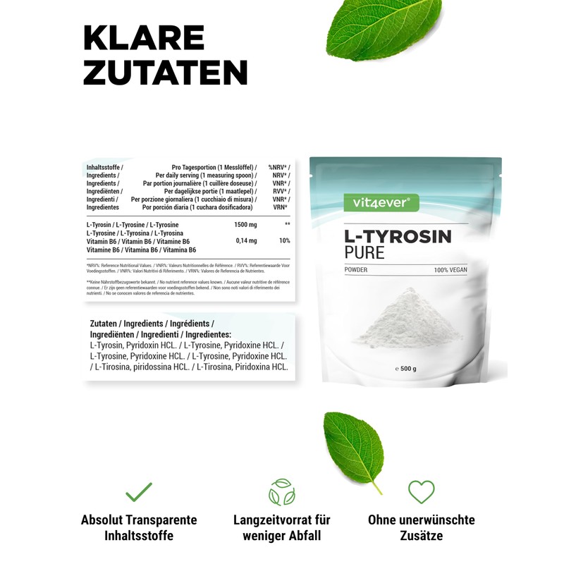 Pure L-Tyrosine, 300 g powder – Enriched with Vitamin B6,