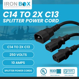 IronBox Electric IEC C14 to 2X C13 Splitter Power Cord - 10A, 250V, 18/3 AWG - UL Listed Power Extension Cable - Heavy Duty Adapter Cables for Computer, Monitor, PDU, Printer & More (3ft + 1ft Legs)