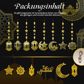 Sfoni Ramadan Decoration Pack of 14 Ramadan Garland, Ramadan Mubarak Banner, Gold Star, Moon Lanterns, Eid Mubarak Decoration, Wall Decoration for Islam Party, Home, Wedding, Muslim