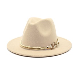 Gossifan Lady Fashion Wide Brim Felt Fedora Panama Hat with Ring Belt Light Sand