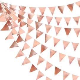 32Ft Rose Gold Fabric Triangle Banner Flag Double Sided Metallic Holographic Pennant Bunting Garland for Birthday Anniversary Engagement Wedding Bridal Baby Shower Valentines Hen Party Decorations