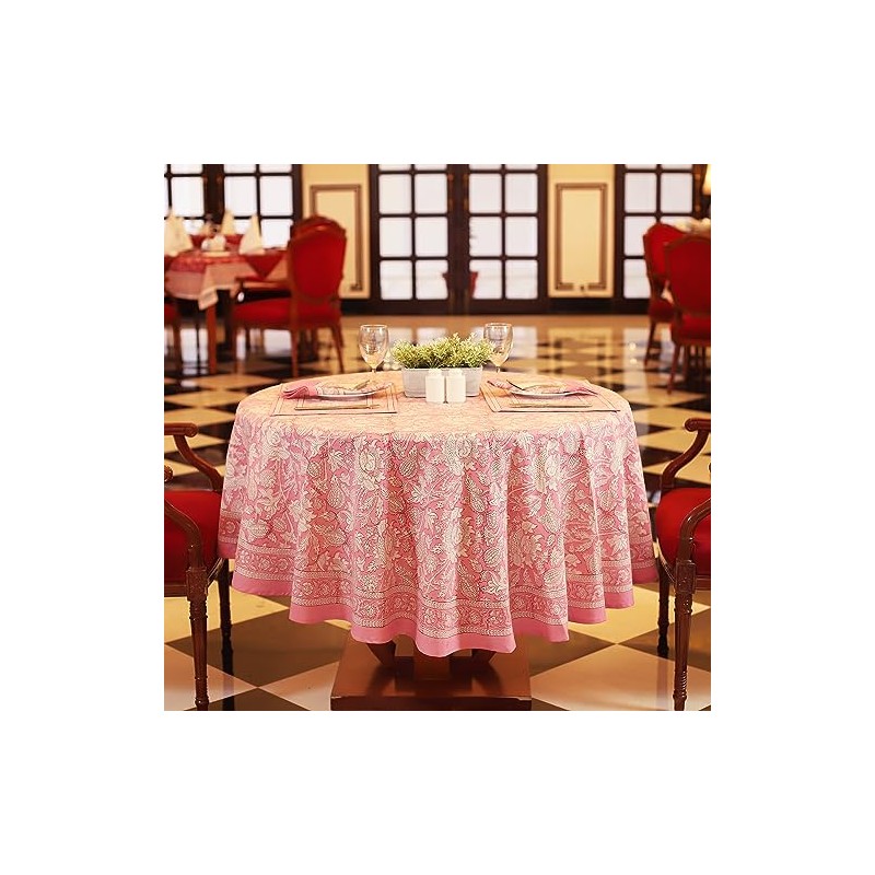Labhanshi Pink Block Print Round Table Cloth|Indian Round Floral Cotton