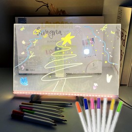 Newsones LED Drawing Board, Luminous, Acrylic Message Board, 7 Color Pens Included, Stand, USB Powered, 5.9 x 5.9 inches (15 x 15 cm) (Small)