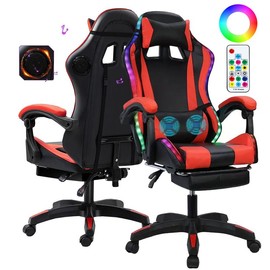 Gaming Chair with LED RGB Lights with Massage and Footrest Ergonomic Computer Chair High Back Video Game Chair with Adjustable Lumbar Support Linkage Armrest Red and Black