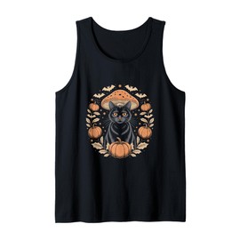 Cottagecore Black Cat with Pumpkins and Bats Tank Top