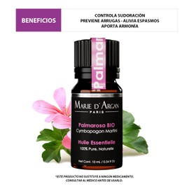 Aceite Esencial de Palmarosa Marie d'Argan, 100% Natural, Orgánico, Vegano, 10 ml, Grado Terapéutico, Aromaterapia, Difusor, Humidificador, Meditación