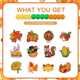 HIFANMM Fall Thanksgiving Hanging Swirls Decoration Autumn Harvest Hanging Foil Swirls Ceiling Decor for Thanksgiving Party Supplies Pumpkin Maple Leaf Turkey Ceiling Hanging 12Pcs