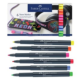 Faber-Castell Marcadores Permanentes Neón con 6 plumones de distintos colores con punta 1.5mm, aptos papeles claros, oscuros y color, así como superficies lisas, plásticos, vidrios, entre otros