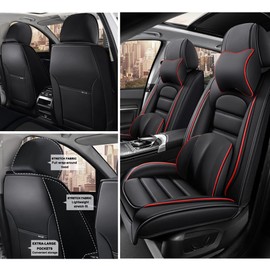 Cscevt 2 Seat Covers for Chevy Camaro 2010-2024 Leather Car Seat Covers Waterproof Anti-Slip Soft Car Seat Protectors Comfort Premium Automotive Seat Covers with Airbag（Luxury,Black+Red Bars）