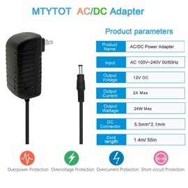 12Volt Power Supply 2Amp AC/DC Adapter Transformer 100-240 50/60Hz to DC 12V 2Amp Power Adapter Cord, 5.5mm x 2.5mm US Plug for dc12v LED Strip Light CCTV Camera