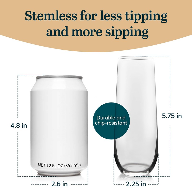 Libbey 228 Stemless Champagne Flutes Glass Set of 12, Elegant