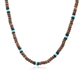 ONBRIG Brown Coconut Shell & Turquoise Puka Necklace, Men's Summer Surfer Beach Jewelry, 18.89 Inch + 1.96 Inch Extension Chain