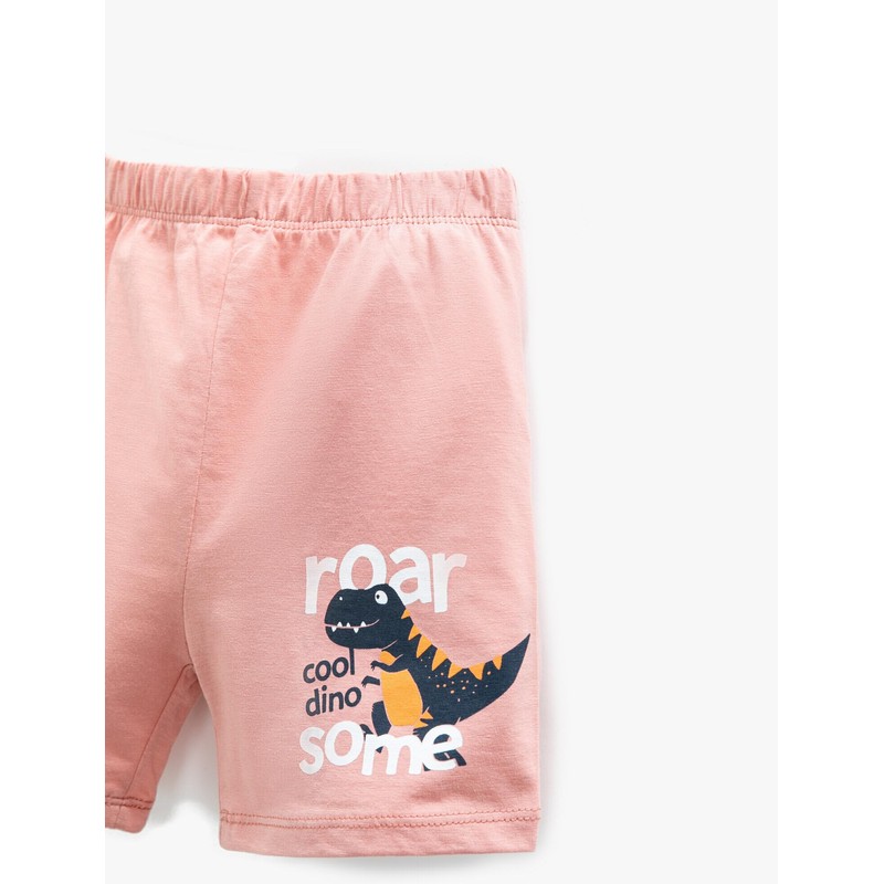 Koton Baby Boys Dinosaur Printed Elastic Waist Cotton Shorts, Salmon